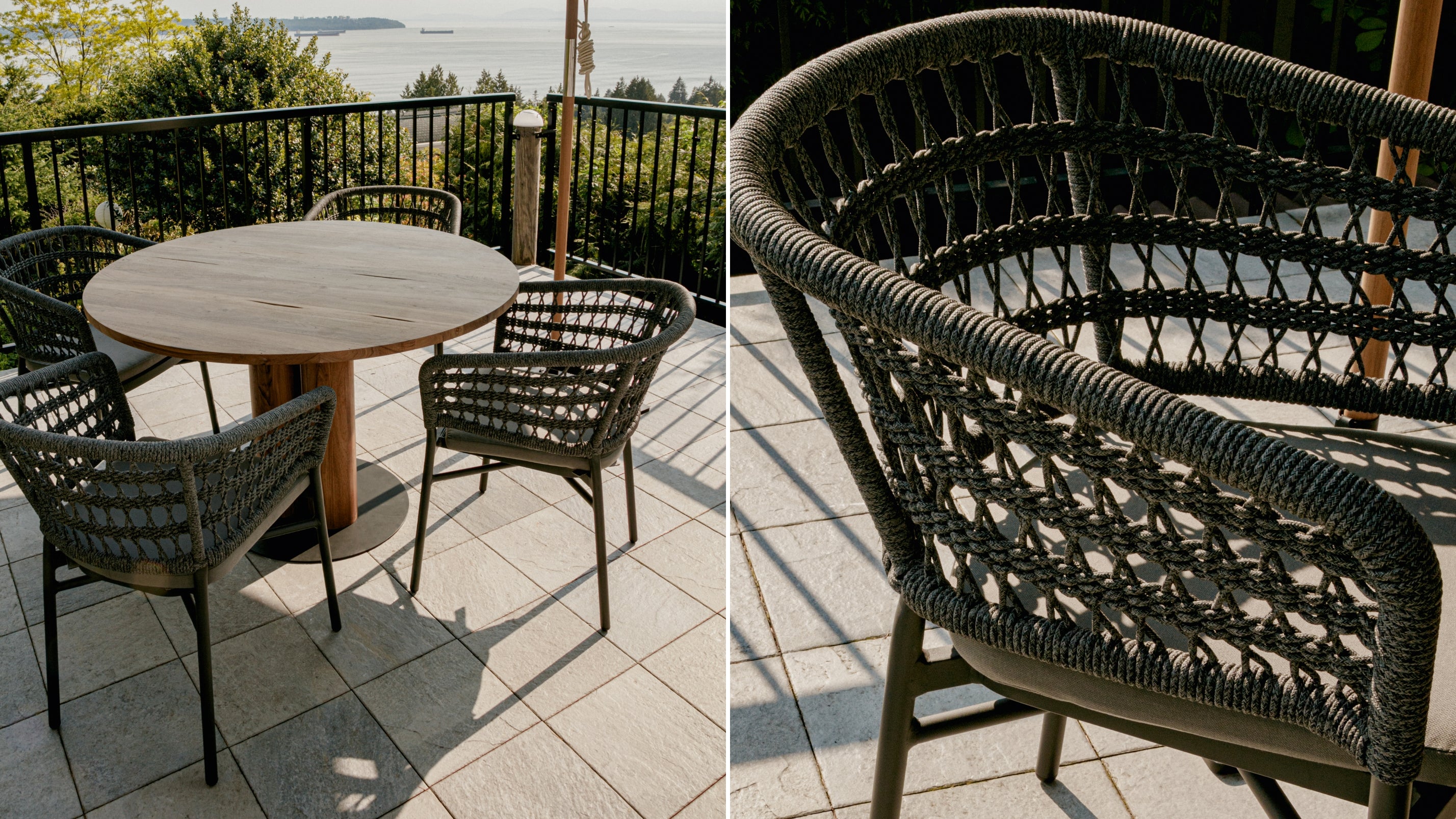 Two outdoor chairs online and table